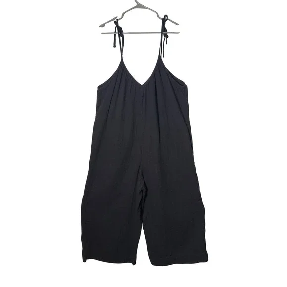 Old Navy Black Gauze Jumpsuit XL Tie Shoulder Wide Leg Cropped Romper Coastal - Picture 4 of 6
